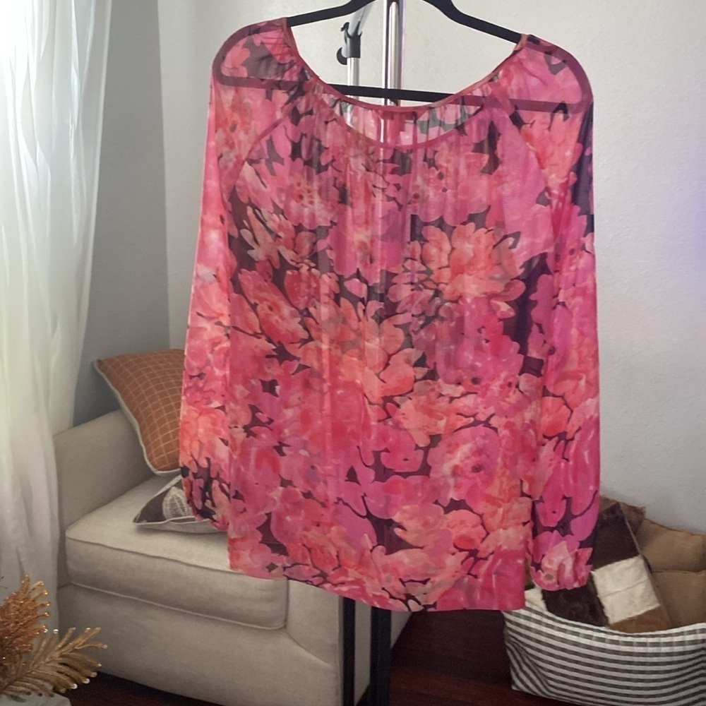 CAbi Top Pink Floral Sheer Chiffon Long Sleeve Popover Summer Party Style (O-10)